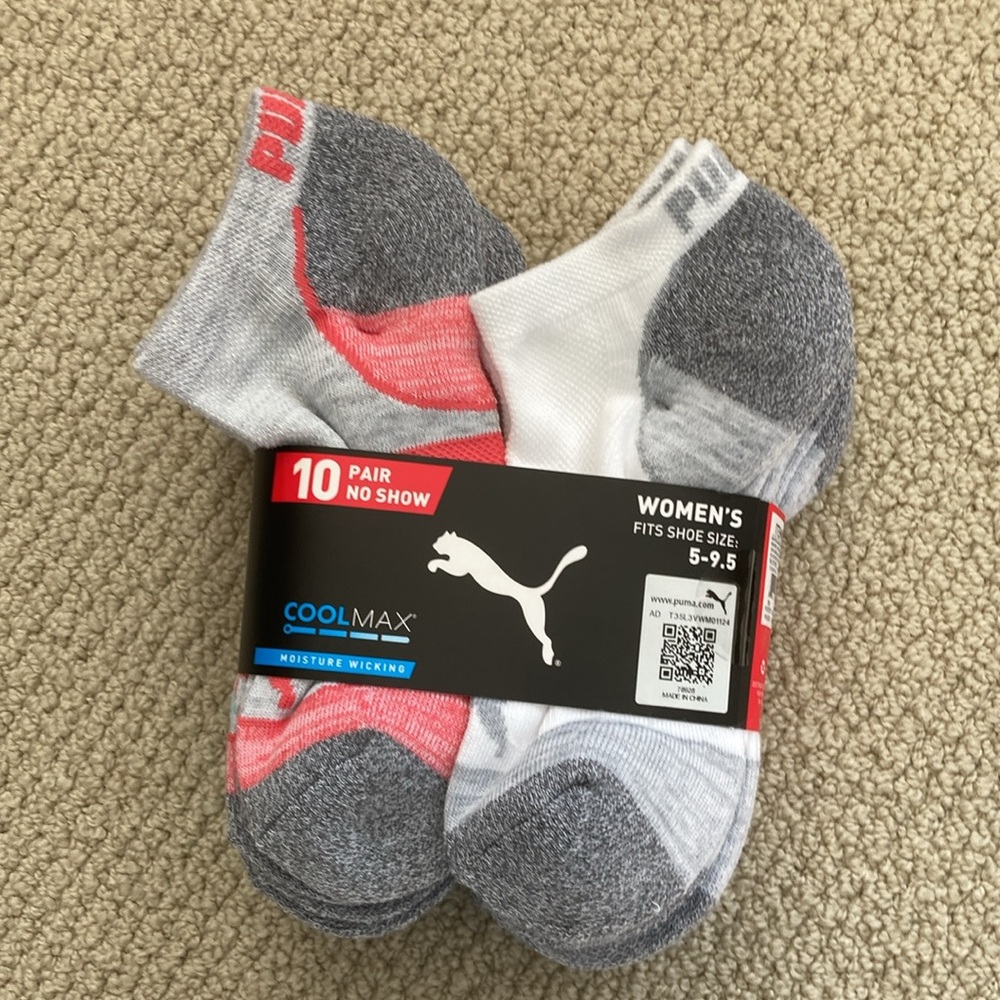NEW Puma 10 Pairs Women’s No Show Activewear Socks Grey White Shoe Sizes 5 - 9.5